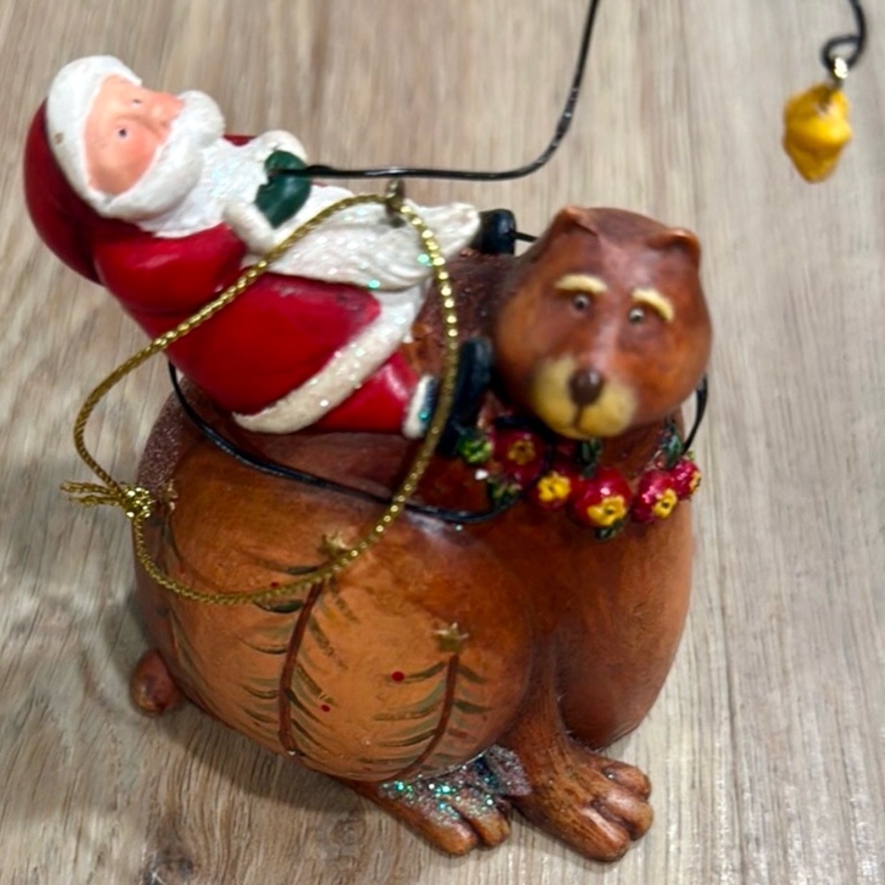Whimsical Santa Claus on Brown Bear Christmas Tree Ornament VINTAGE